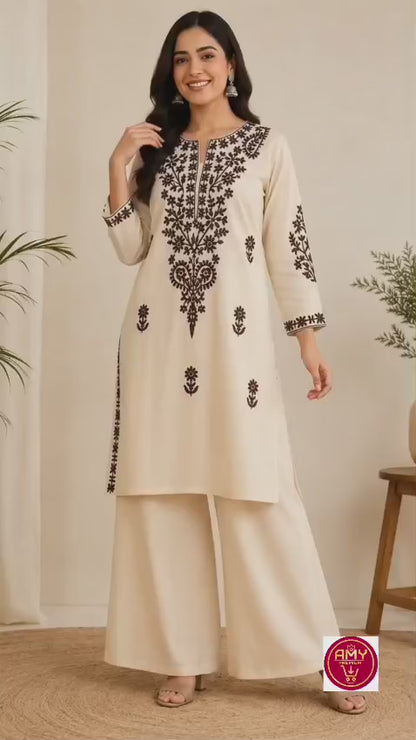 Women's Cream & Dark Brown Kashida Embroidered Pure Cotton Kurta with Palazzo Set (2-Piece Set)