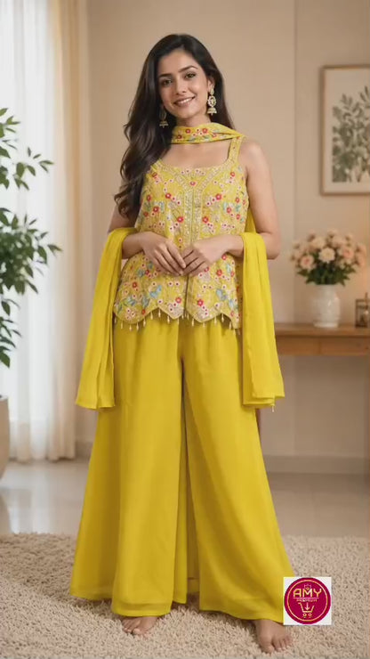 Sunshine Yellow 3-Piece Ethnic Set – Peplum Top, Palazzo & Dupatta