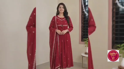 Women's Crimson PINK Embroidered Flared Anarkali Maxi Dress with Dupatta (2-Piece Set)