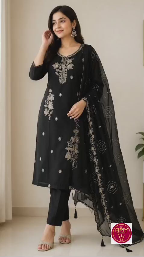 Women's Embroidered Cotton Straight Kurta with Trousers & Sheer Embroidered Dupatta Set (Black, 3-Piece Set)