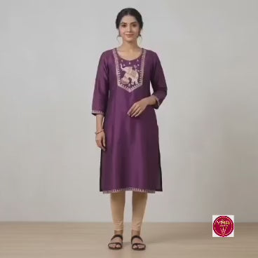 Women's Deep Purple Polycotton Straight Kurta with Elephant Yoke Embroidery ( Single piece)