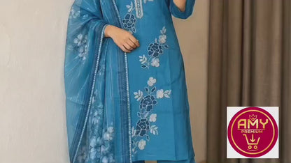 Women's Pure Cotton Solid Blue Kurta with Pant and Floral Printed Dupatta Set | Ethnic Wear 3-Piece Suit for Festive, Party & Casual Wear