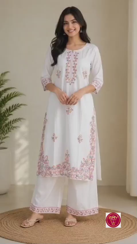Women's Off-White Floral Embroidered Pure Cotton Kurta with Palazzo Set (2-Piece Set)
