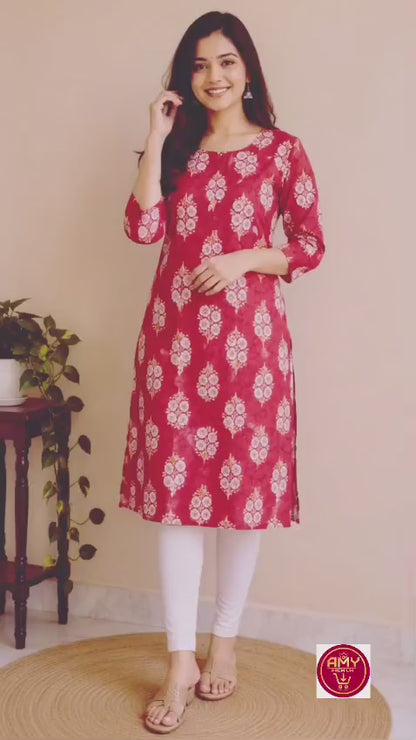 Women's Maroon Red Floral Printed Pure Cotton Straight Kurta ( Single piece)