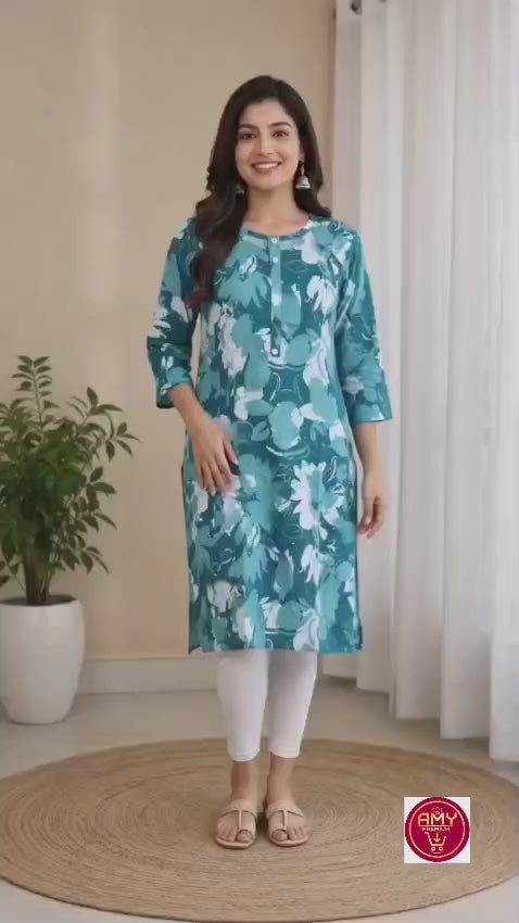 Women's Teal Blue Abstract Floral Printed Pure Cotton Straight Kurta (Single piece Kurta)