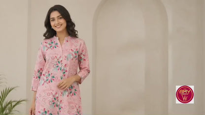 Women's Baby Pink Floral Printed Pure Cotton Short Tunic with Pant Co-ord Set (2-Piece Set)
