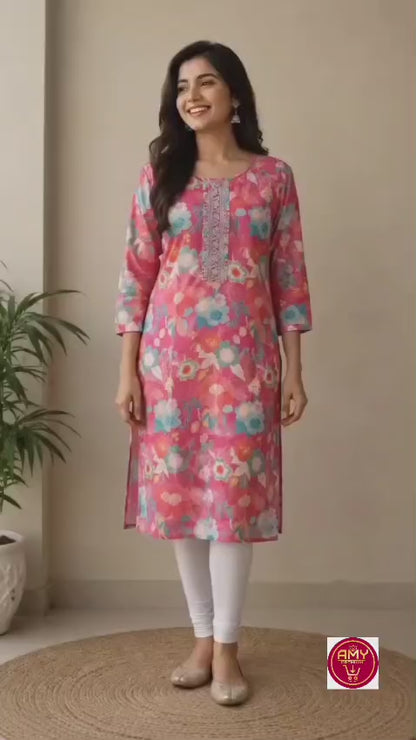 Women's Bright Pink Multicolor Floral Printed Pure Cotton Straight Kurta (Single piece Kurta)