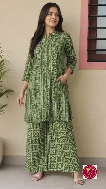 Olive Green Bandhani Printed Pure Cotton 2-Piece Kurti with Palazzo Set