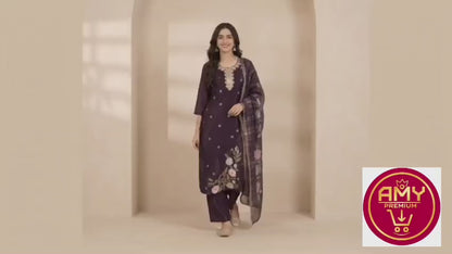 Stylish Deep Purple Kurta with Pants & Checkered Floral Dupatta Set