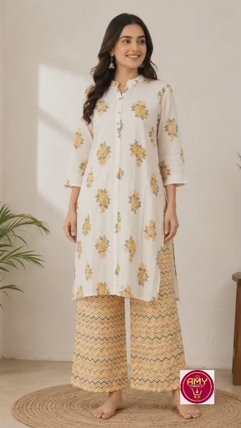 2-Piece Pure Cotton Co-ord Set – Floral Kurta & Palazzo Pants