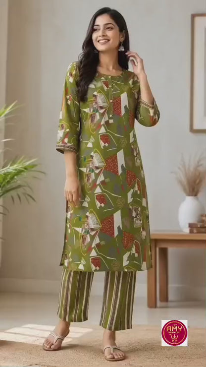 Women's Olive Green Abstract Geometric Printed Pure Cotton Kurta with Pant Set (2-Piece Set)