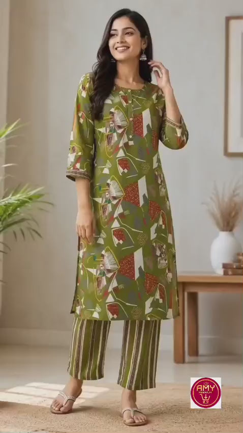 Women's Olive Green Abstract Geometric Printed Pure Cotton Kurta with Pant Set (2-Piece Set)