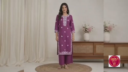 Women's Magenta Purple Floral (pink) Embroidered Pure Cotton Kurta with Palazzo Set (2-Piece Set)