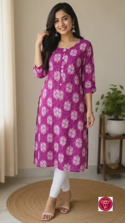 Women's Vibrant PINK Floral Printed Pure Cotton Straight Kurta(Single piece Kurta)