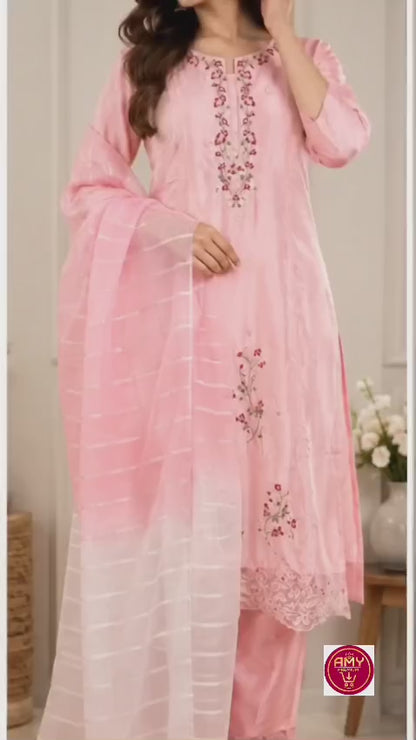 Women's Elegant Baby Pink Embroidered Poly Cotton Kurta Set with Pant and Sheer Striped Dupatta (Set of 3)