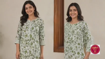 Elegant Green & White Floral Printed Cotton Kurti with Pant Set | 2-Piece Ethnic Wear for Women