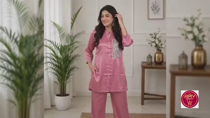 Women's Dusty Pink Embroidered Shirt Tunic with Pant Silk-Blend / Cotton Co-ord Set (2-Piece Set)