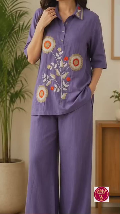 Women's Lavender Floral Embroidered Cotton Collared Co-ord Set (2-Piece Set)