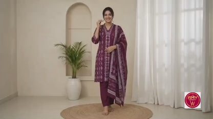 Women's Pure Cotton Ikat Printed Kurta with Pant & Dupatta Set | Wine Purple 3-Piece Ethnic Suit Set for Women