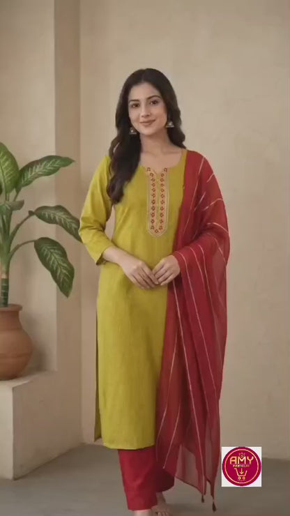 Women's Mustard Green Embroidered Cotton Blend Kurta with Maroon Pant & Zari Striped Dupatta Set (Pack of 3)