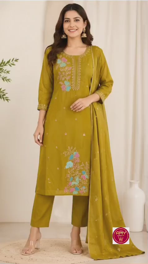 Women Olive Green Embroidered Poly-Cotton Kurta with Trousers & Dupatta Set (Pack of 3)