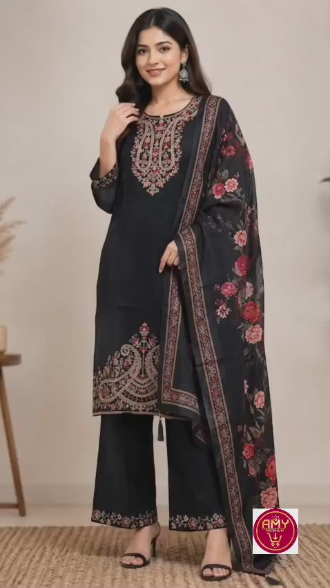 Women's Elegant Black Embroidered Soft Cotton Kurta with Palazzo & Floral Printed Dupatta Set (3-Piece Set)