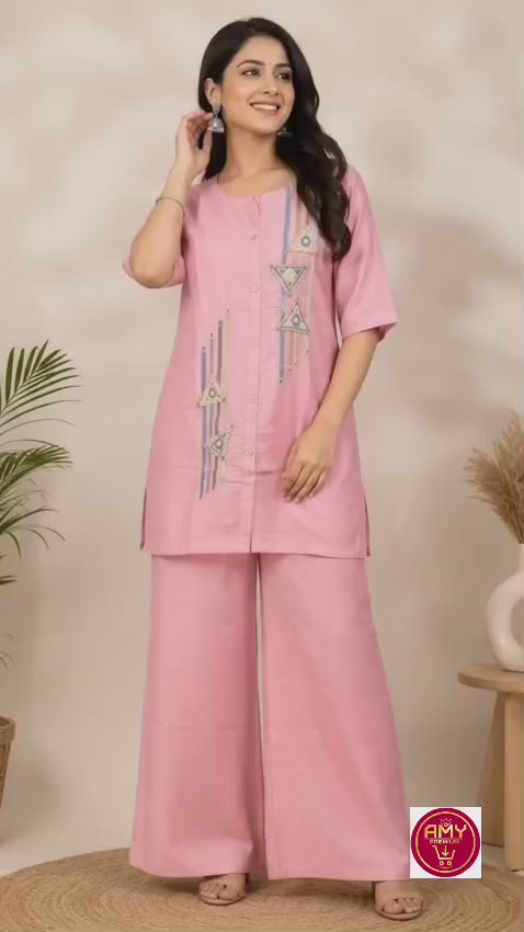 Women's Soft Pink Embroidered Pure Cotton Tunic with Wide-Leg Palazzo Co-ord Set (2-Piece Set)