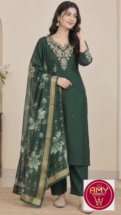 Bottle Green Cotton Embroidered Kurta with Pants and Floral Print Dupatta (3-Piece Set)
