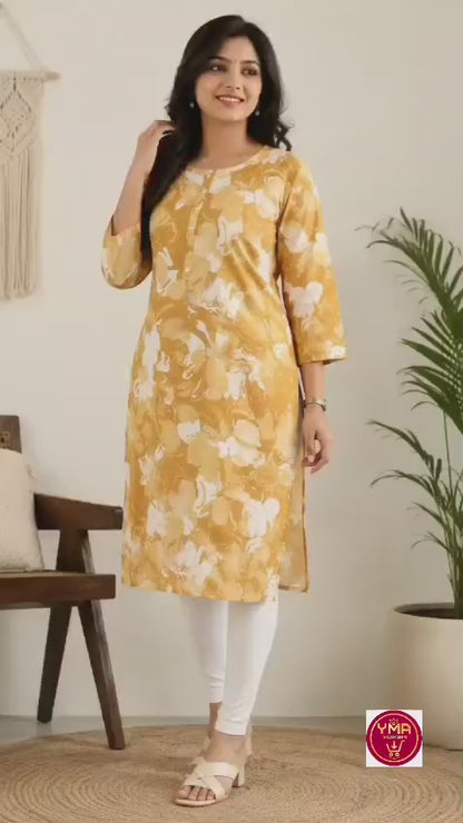 Women's Mustard Yellow Abstract Floral Printed Pure Cotton Straight Kurta (Single piece Kurta)