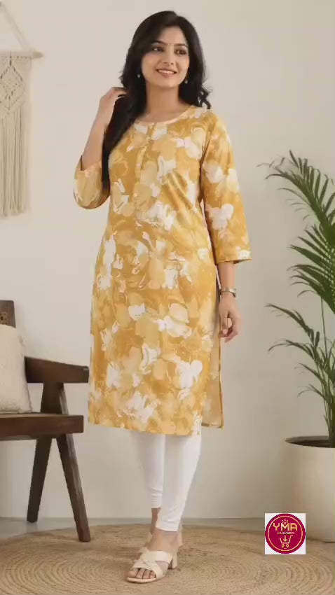 Women's Mustard Yellow Abstract Floral Printed Pure Cotton Straight Kurta (Single piece Kurta)
