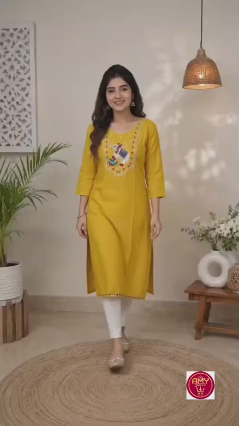 Women's Yellow Polycotton Straight Kurta with Elephant Yoke Embroidery (Single piece Kurta)