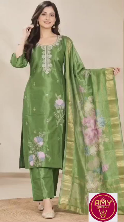 Women's Green Viscose Silk Embroidered Kurta with Pant and Floral Print Dupatta Set (3-Piece Party Wear Suit)