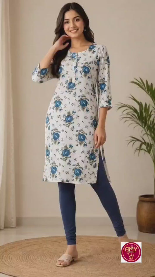 Women's Cream white & Blue Floral Block Printed Pure Cotton Straight Kurta ( Single piece Kurta)