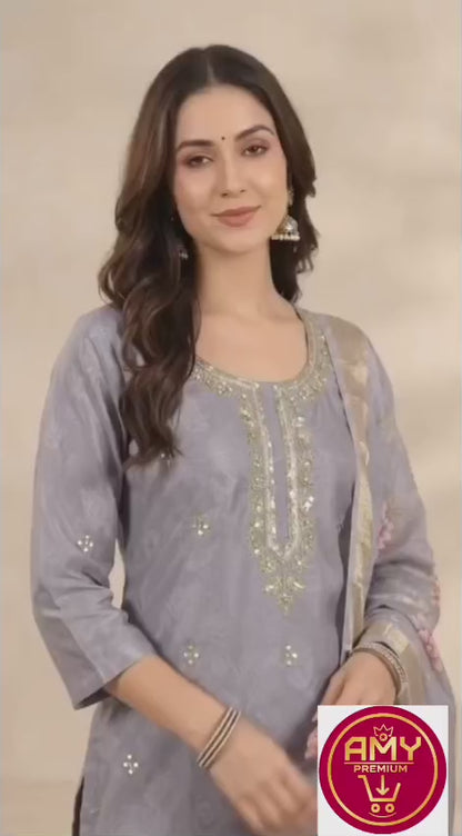 Elegant lavender Pure Viscose Embroidered Kurta with Palazzos and Floral Printed Dupatta Set