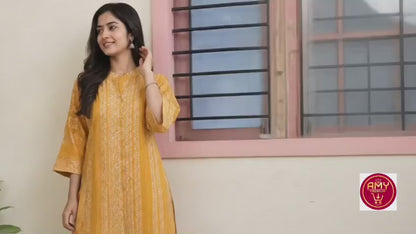 Women's Mustard Yellow Printed Pure Cotton Kurta Tunic with Wide-Leg Palazzo Co-ord Set (2-Piece Set)