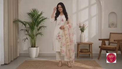 Women's Off-White Floral Embroidered Pure Cotton Kurta Pant with Organza Dupatta Set
