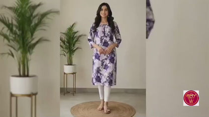 Women's Lavender & Purple Floral Printed Pure Cotton Straight Kurta (Single piece Kurta)