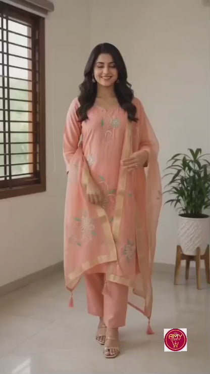 Women's Peach Floral Embroidered Pure Cotton Kurta with Pant & Organza Dupatta Set (3-Piece Ethnic Suit Set)