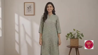 Women's Sage Green Geometric Micro Printed Pure Cotton Kurta with Pant Set (2-Piece Set)