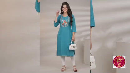 Women's Sky Blue Polycotton Straight Kurta with Elephant Yoke Embroidery (Single piece Kurta)