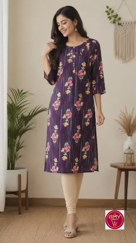Women's Dark Purple Floral & Stripe Printed Pure Cotton Straight Kurta (Single piece Kurta)