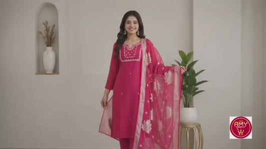 Women's Rani Pink Pure Cotton Embroidered Straight Kurta with Pant & Jacquard Dupatta Set (Pack of 3)