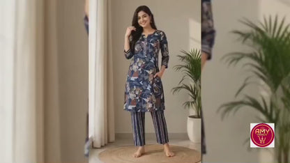 Women's Navy Blue Floral Block Printed Pure Cotton Kurta with Pant Set (2-Piece Set)