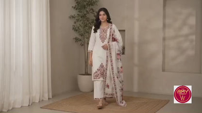 Women's Off-White Pure Soft Cotton Embroidered Kurta with Palazzo & Floral Printed Dupatta Set (3-Piece Set)