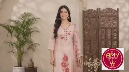 Elegant Peach Poly-Cotton Embroidered Straight Kurta with Pants and Floral Print Dupatta Set