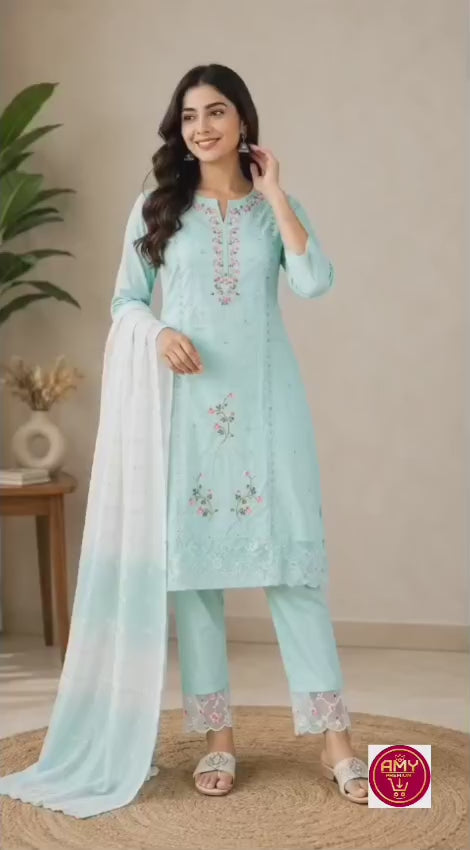 Women's Pastel Sky Blue Embroidered Poly-Cotton Kurta Pant Set with Dupatta (3-Piece Ethnic Suit)