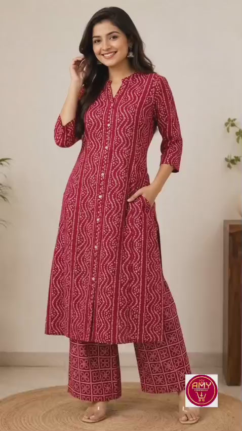 Women's Maroon Red Bandhani Printed Pure Cotton Kurta with Wide-Leg Palazzo Set (2-Piece Set)