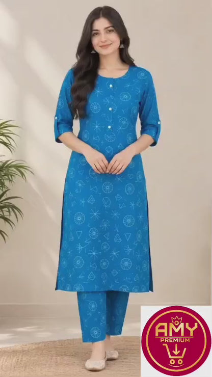 Title: Women's Blue Pure Cotton Geometric Printed Straight Kurta with Pant Set | Casual Daily Wear 2-Piece Ethnic Co-Ord Set