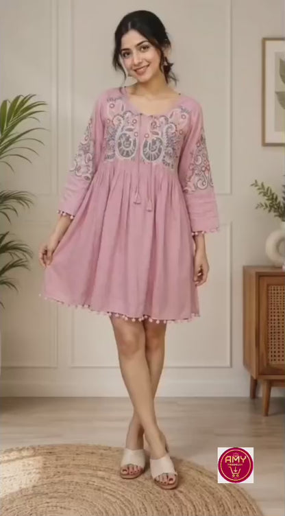 Women's Pink Embroidered A-Line Short Dress with Pom-Pom Details( Single piece)