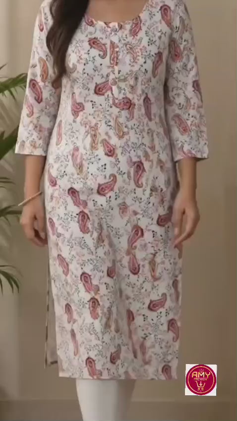 Women's White & Blue Cotton Floral Print Kurta | Calf Length, 3/4 Sleeve (Single Piece Kurta)